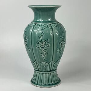 9" Celadon Blue Vase Floral Hobbyist Glazed Home Decor Flower Hand Painted Pot